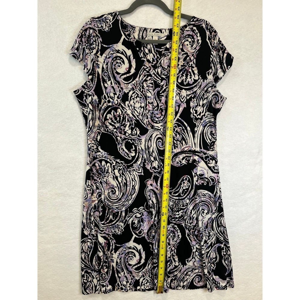 Dana Buchman Sheath Dress Black Purple Paisley Cap Sleeve Stretch Large - Picture 3 of 7